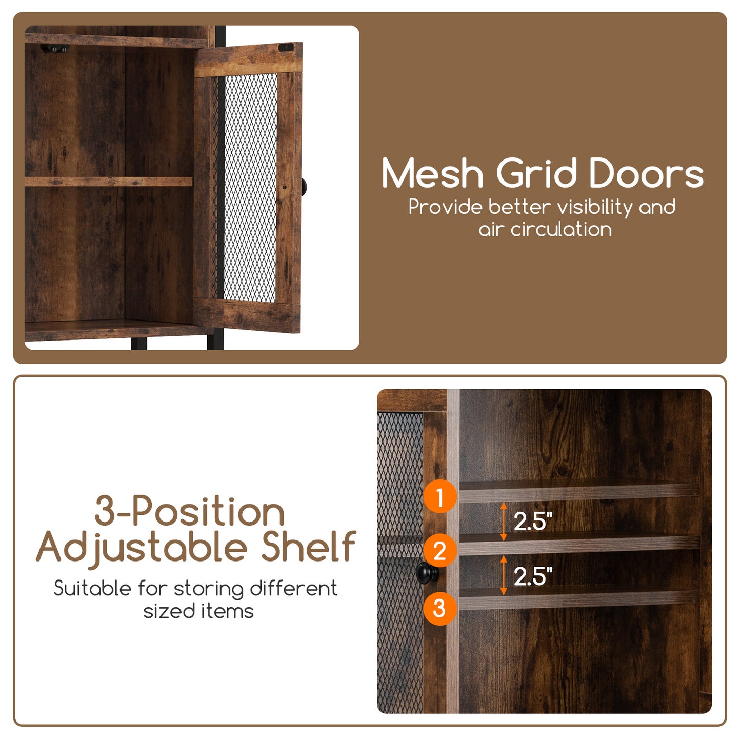 Topbuy Over The Toilet Storage Cabinet 5-Tier Bathroom Toilet Organizer w/2 Metal Mesh Doors & 3-Position Adjustable Shelf