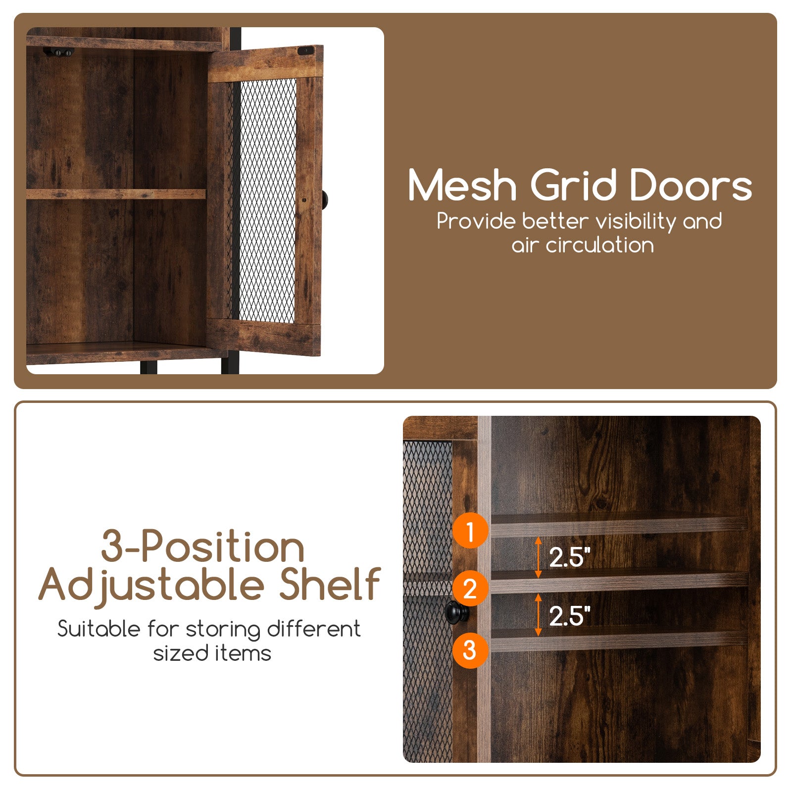 Topbuy Over The Toilet Storage Cabinet 5-Tier Bathroom Toilet Organizer w/2 Metal Mesh Doors & 3-Position Adjustable Shelf
