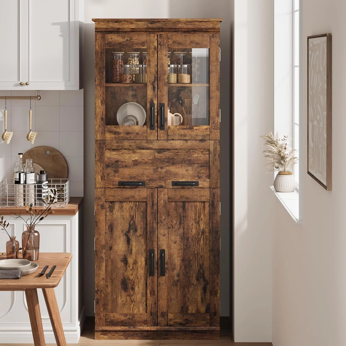 Roromall Bathroom Cabinet, Tall Storage Cabinet with Doors Adjustable Shelf, Freestanding Floor Pantry Cabinet for Kitchen, Living Room, Laundry Room, Home Office