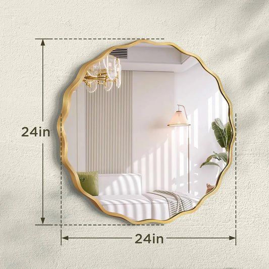 octopus Gold Round Wavy Mirror for Wall, 24"x24" Circle Scalloped Wall Mirror with Brushed Alloy Steel Frame&Shatter-Proof Glass, Hanging Decorative Mirror for Bathroom, Bedroom, Entryway