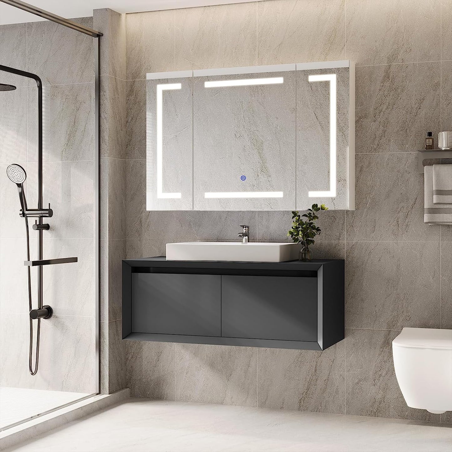 Lighted Medicine Cabinet with Mirror&LED Light for Bathroom,Wall Mounted Bathroom Mirror Cabinet with Storage and 2 Outlet and 3 Doors for Home, White, 39.4" x 23.6"