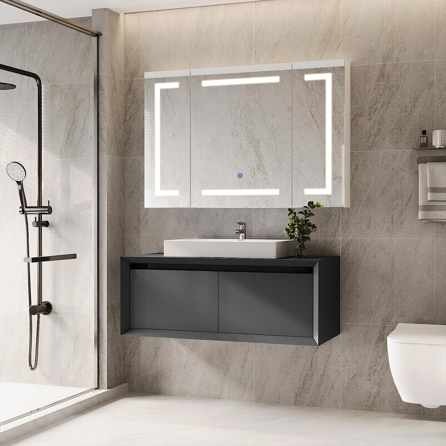 Lighted Medicine Cabinet with Mirror&LED Light for Bathroom,Wall Mounted Bathroom Mirror Cabinet with Storage and 2 Outlet and 3 Doors for Home, White, 39.4" x 23.6"
