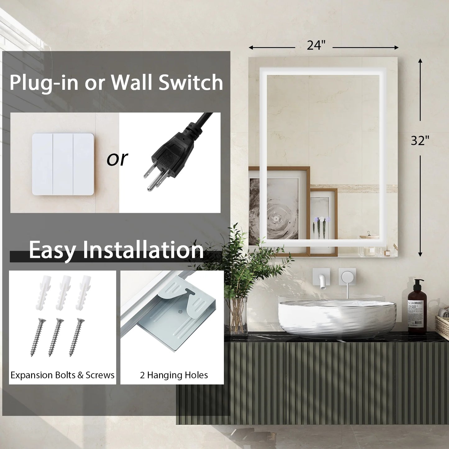 Costway 32'' x 24'' Bathroom Wall Mirror Makeup Mirror with Colorful Light Anti-Fog