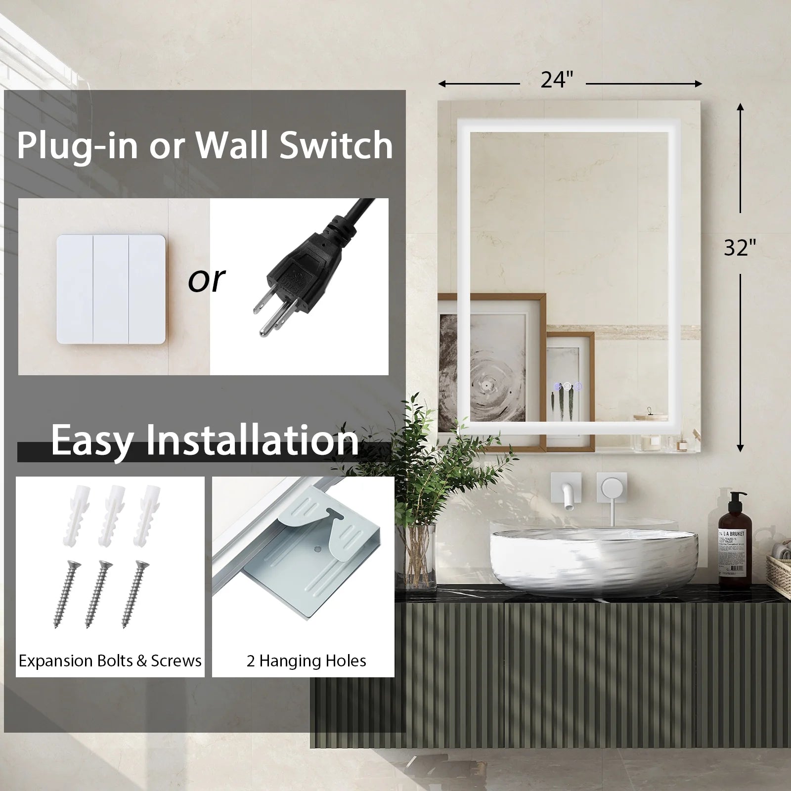 Costway 32'' x 24'' Bathroom Wall Mirror Makeup Mirror with Colorful Light Anti-Fog