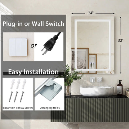 Costway 32'' x 24'' Bathroom Wall Mirror Makeup Mirror with Colorful Light Anti-Fog