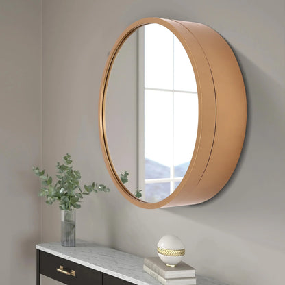 Mirror Cabinet Round Vanity Mirror Wood Frame Wall Cabinet with 3 Shelves for Bathroom