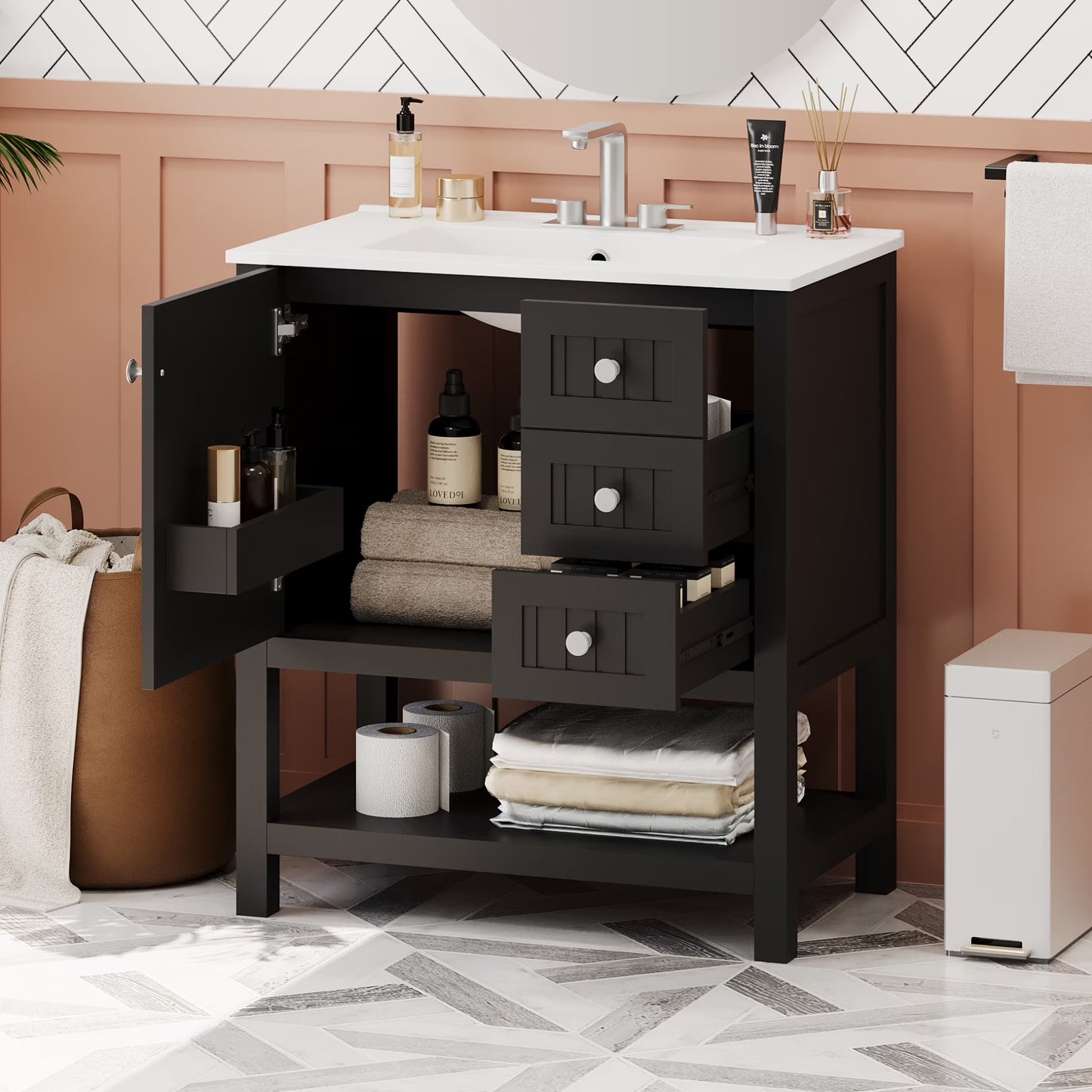 30" Transitional Green Bathroom Vanity with Sink Combo, Solid Wood Storage Cabinet featuring Soft Close Doors & 2 Drawers, Open Shelf, Waterproof Design & Easy Assembly for Modern Bathrooms