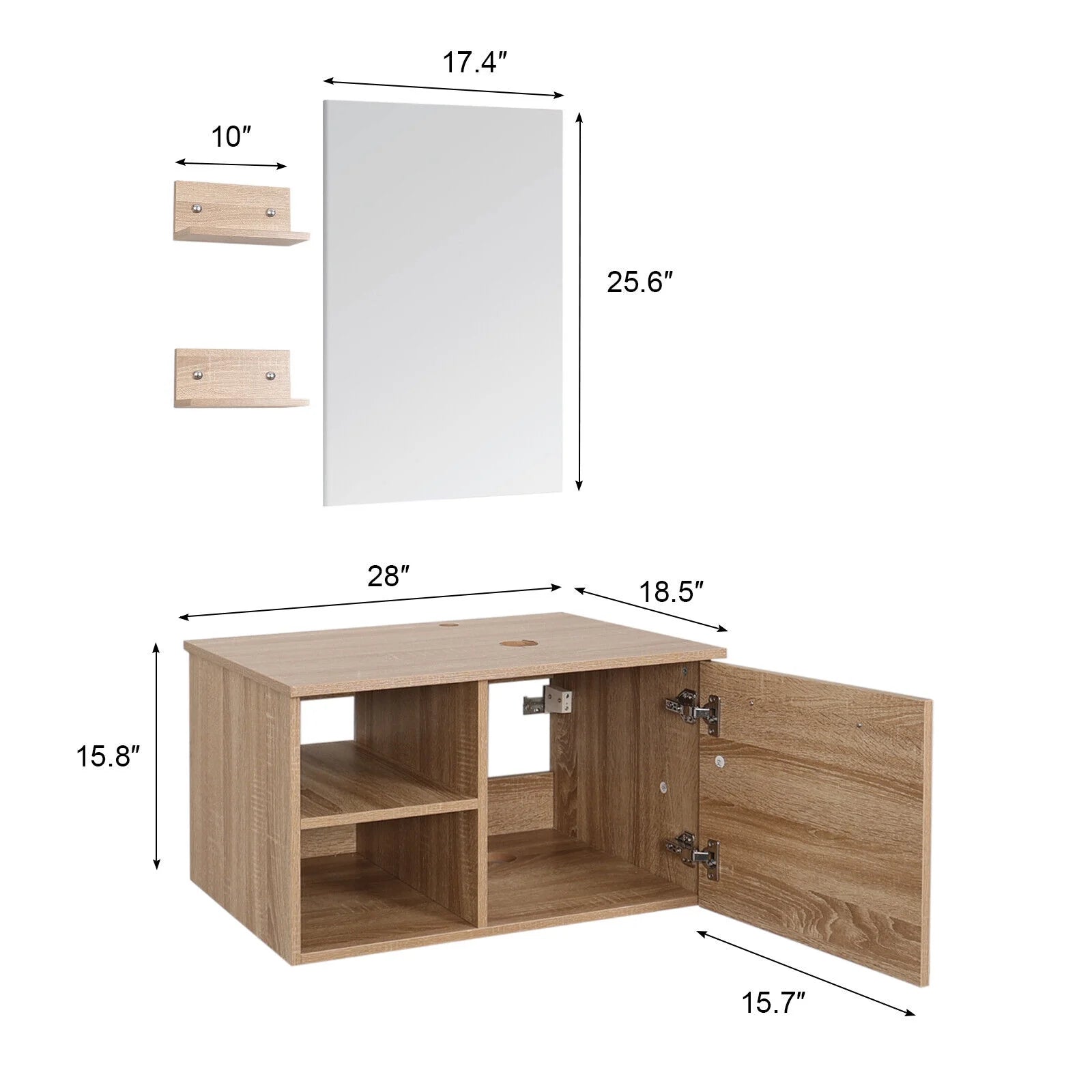 FULLWATT 28 Inch Modern Bathroom Vanity Set with Mirror Wall Mount Wood Color Cabinet Glass Sink Chrome Faucet and Pop Up Drain