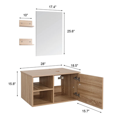 FULLWATT 28 Inch Modern Bathroom Vanity Set with Mirror Wall Mount Wood Color Cabinet Glass Sink Chrome Faucet and Pop Up Drain