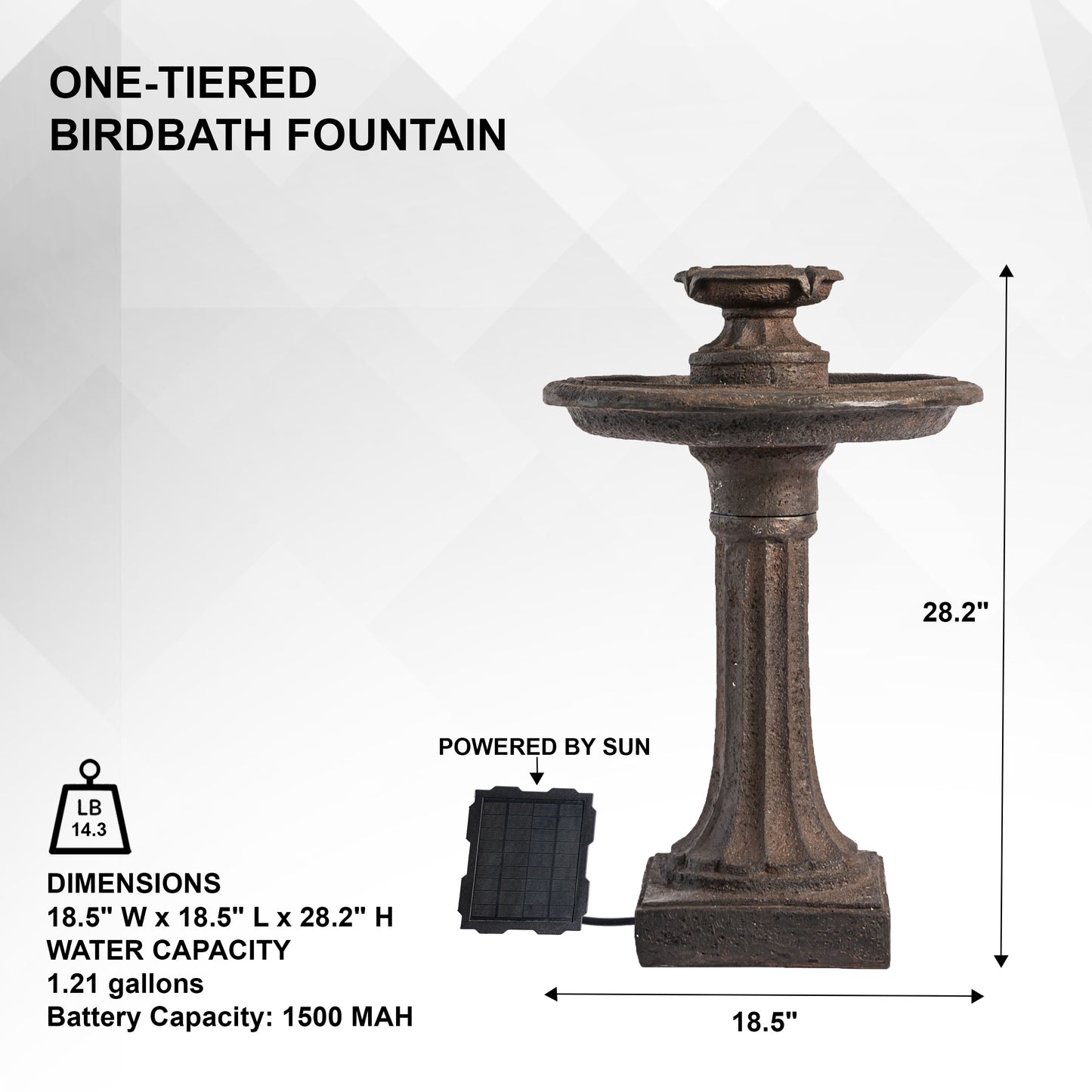 XBrand 28" Solar Water Fountain, 1-Tier, Outdoor Birdbath, Brown Resin, With Solar Panel, Solar Pump, Lawn and Garden, Garden Décor, Garden Water Feature