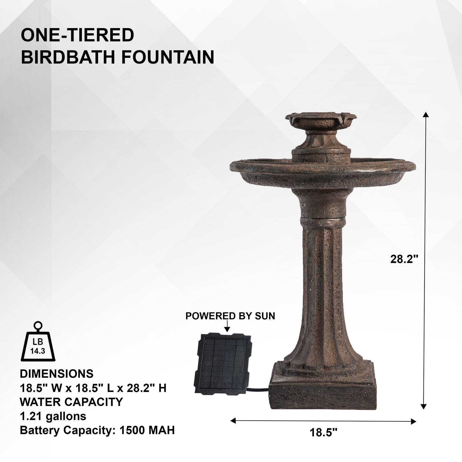 XBrand 28" Solar Water Fountain, 1-Tier, Outdoor Birdbath, Brown Resin, With Solar Panel, Solar Pump, Lawn and Garden, Garden Décor, Garden Water Feature