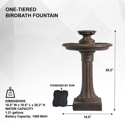 XBrand 28" Solar Water Fountain, 1-Tier, Outdoor Birdbath, Brown Resin, With Solar Panel, Solar Pump, Lawn and Garden, Garden Décor, Garden Water Feature