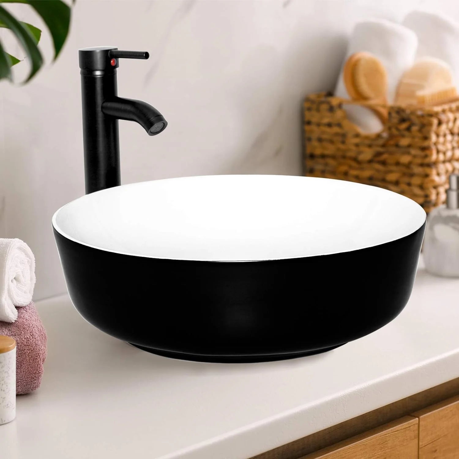 ELECWISH Black and White Ceramic Square Bathroom Sink Vessel Sink with Black Faucet and Pop up drain Combo, Round