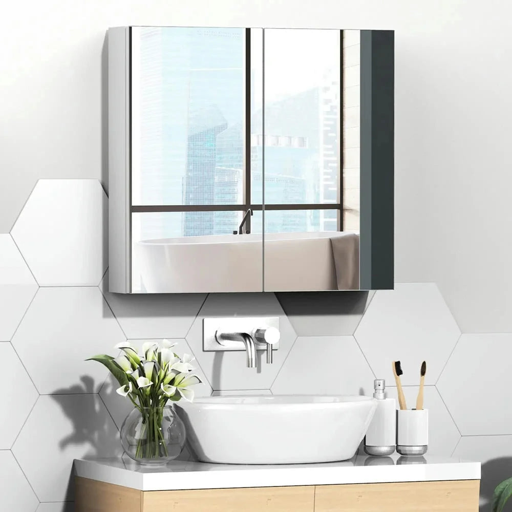 Topcobe Bathroom Mirrored Cabinet, 24"x22" Steel Frame Medicine Cabinet, Wall-Mounted Storage Organizer with Double Doors, Modern Furniture for Bathroom, White