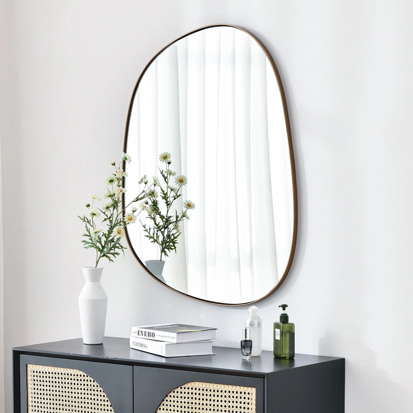 Asymmetrical Mirror for Wall Decor 23"*30", Modern Brass Framed Wall Mirror for Living Room Bathroom Bedroom Entryway BKS-STOU-0064G