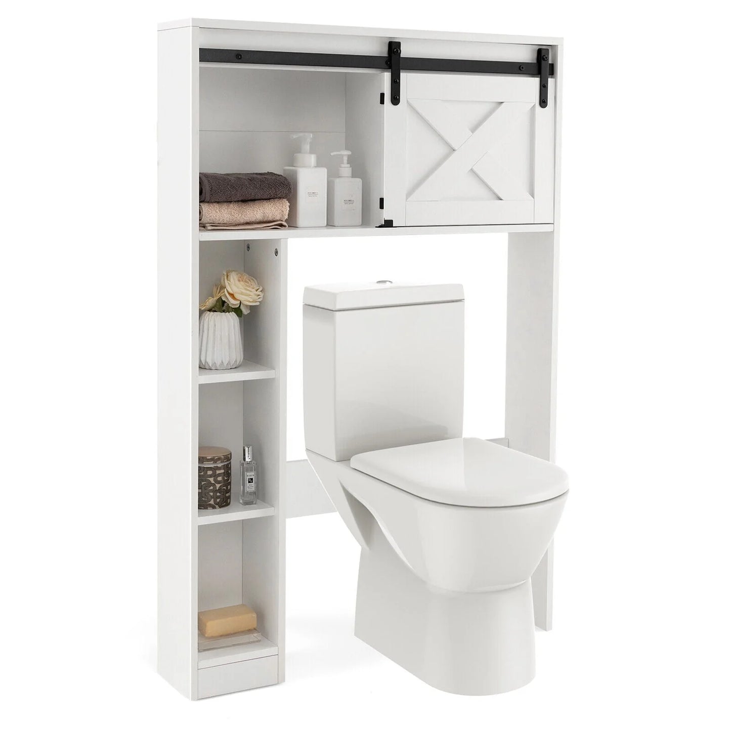 FONIRRA Over The Toilet Storage Cabinet with Sliding Barn Door Storage Shelves, Toilet Bathroom Organizer for Restroom Laundry, White