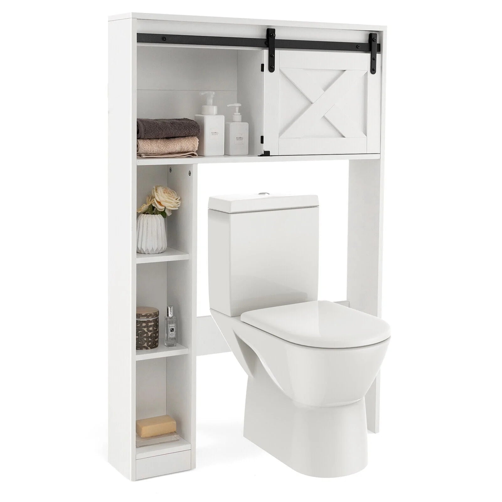 FONIRRA Over The Toilet Storage Cabinet with Sliding Barn Door Storage Shelves, Toilet Bathroom Organizer for Restroom Laundry, White