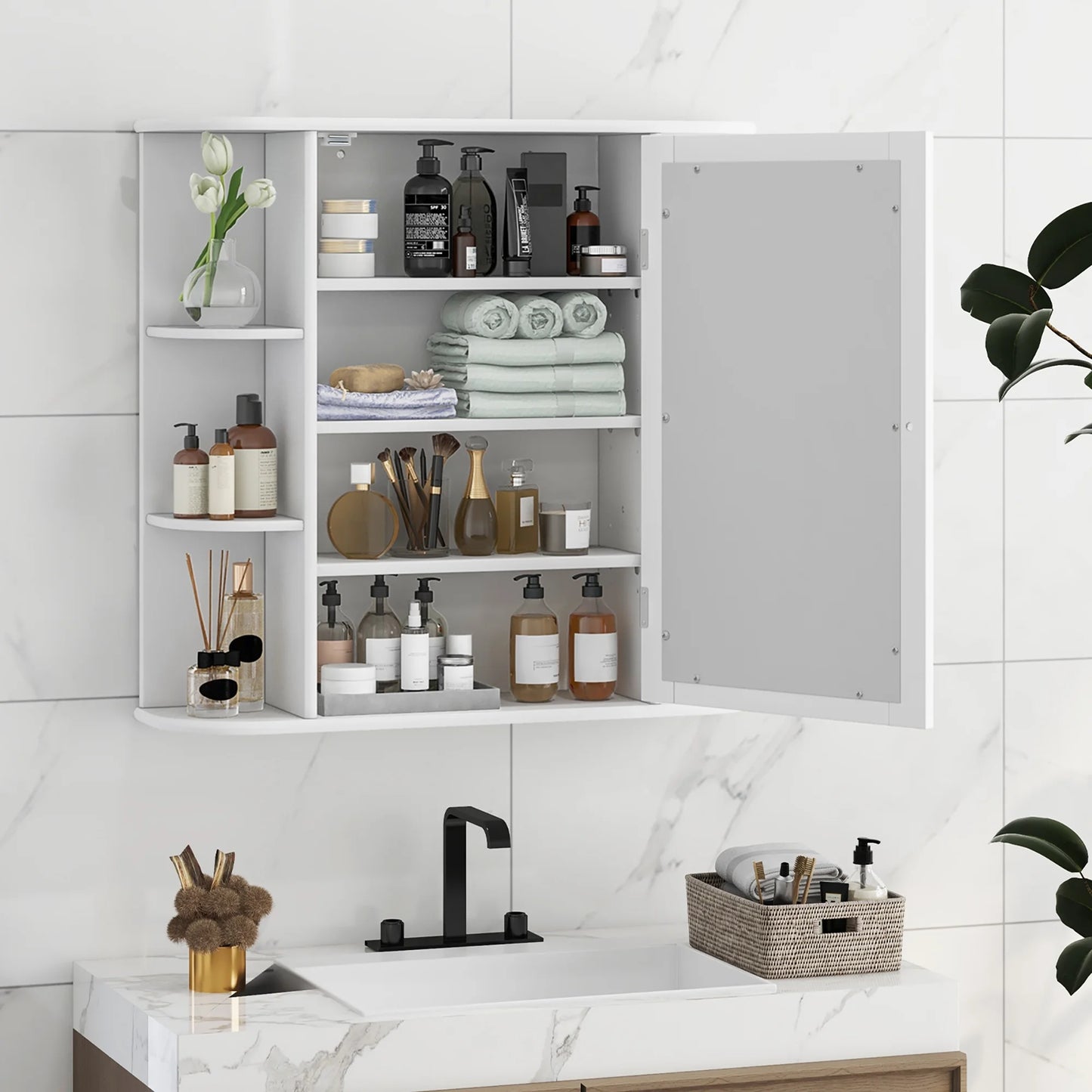 Gymax Bathroom White finish Multipurpose Mount Wall Surface Storage Cabinet Mirror