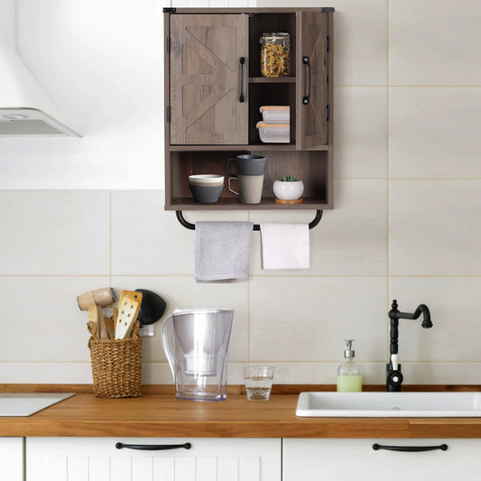 Rustown Farmhouse Wall Storage Cabinet with Two Barn Door, Rustic Mounted Medicine Cabinet with Adjustable Shelf and Towel Bar, 3-Tier Wood Cabinet for Kitchen, Bathroom, Living Room (Washed Oak)