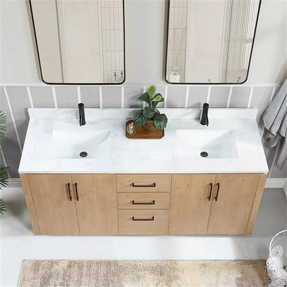 Vinnova San 72" Double Sink Wood Bath Vanity with Grain Stone in Brown/White