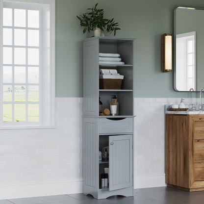 RiverRidge Ashland Tall Bathroom Storage Linen Cabinet Organizer with Drawer - Gray