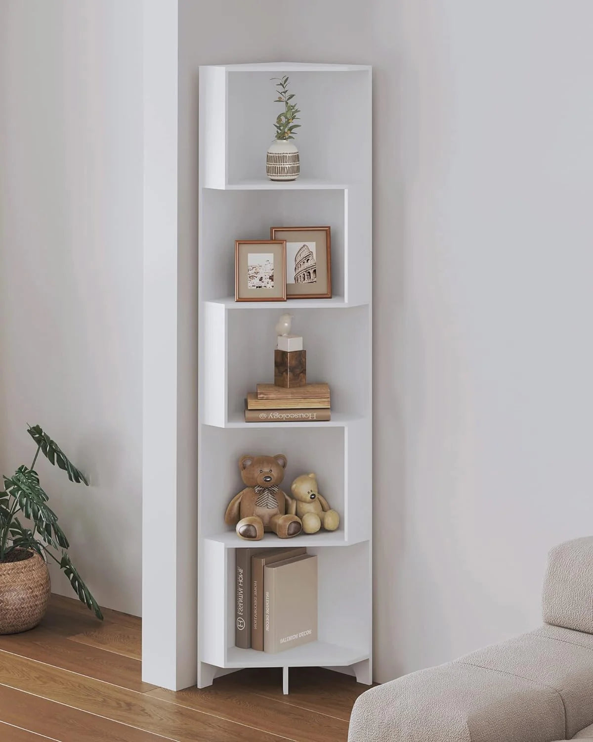 Bookshelf Corner Shelf Bookcase, Wooden 5-Tier Book Shelves Display Cabinet For Living Room,Bedroom,Bathroom, White