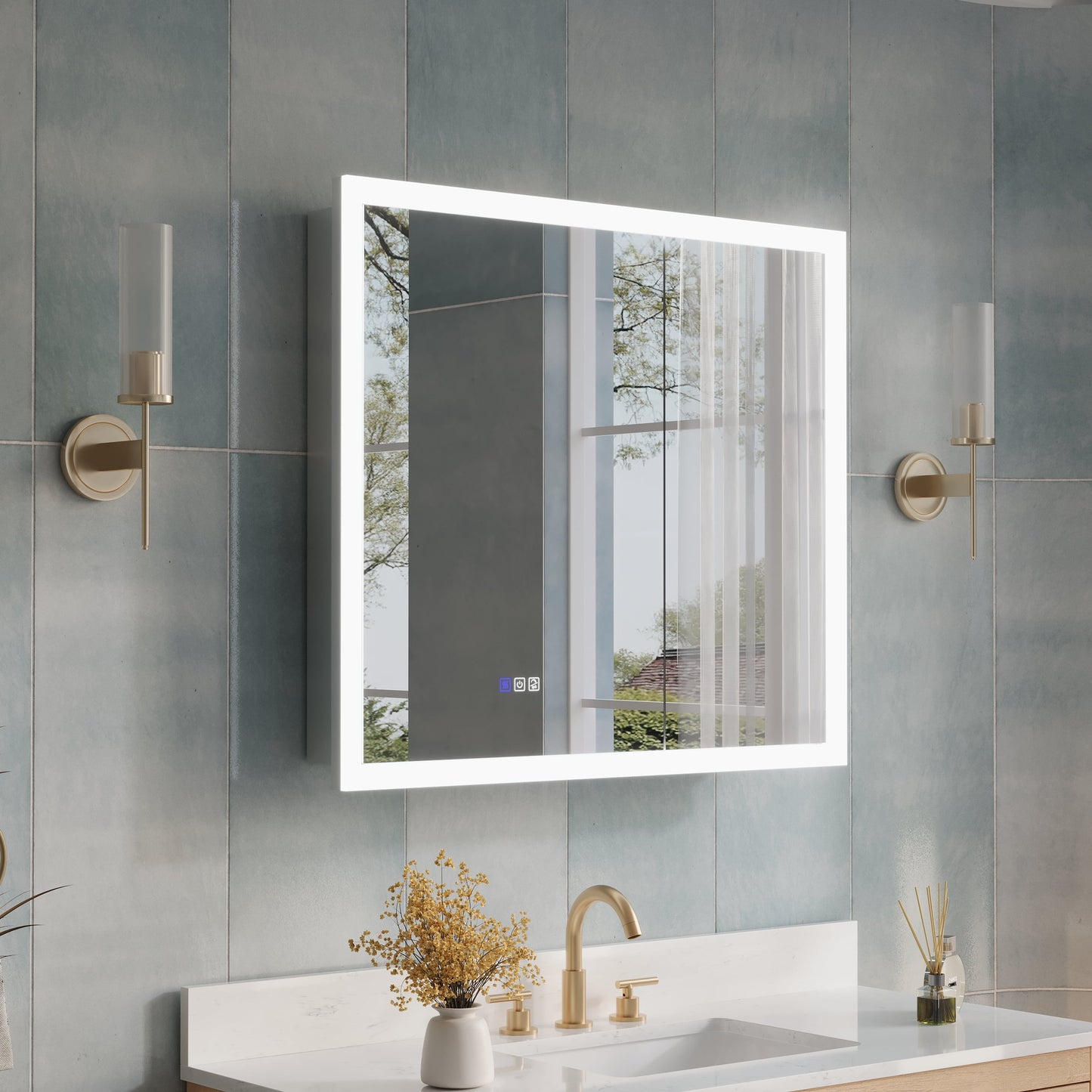 ANGELES HOME 36" x 32" LED Lighted Bathroom Medicine Cabinet with Mirror, 3X Magnification Makeup Mirror, Vanity Mirror Cabinet w/ Defogger, Dimmable, Memory Function, Outlets & USB