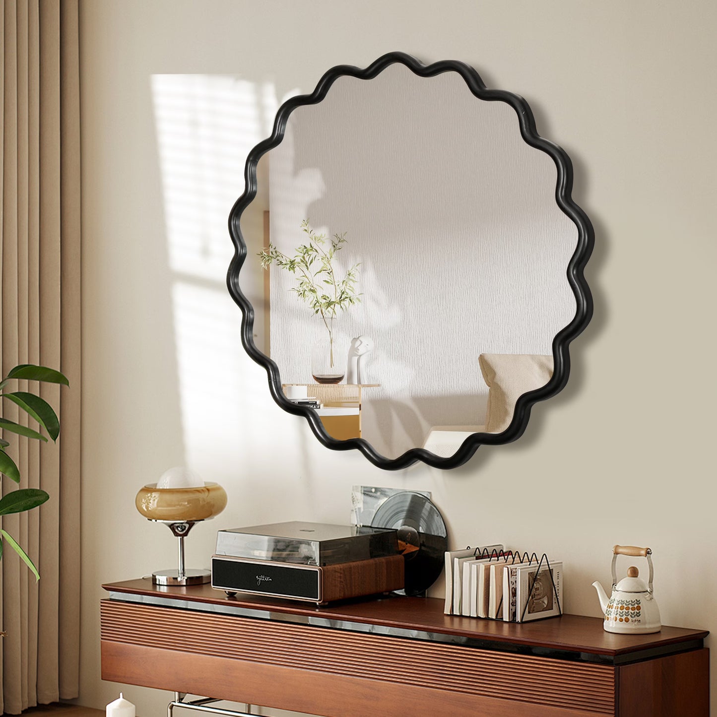 Dasun Solid Wood Wavy Square Mirror-Black 36" x 36" Modern Mirror Wall Decor for Bathroom, Bedroom, Living Room, Dining Room, Cloakroom, Entryway