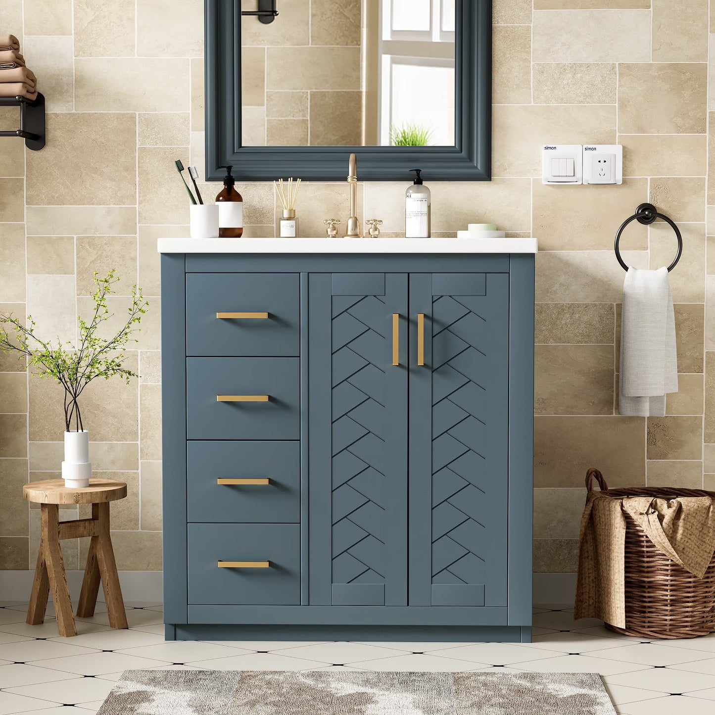 ENSHUI 30-Inch Bathroom Vanity with Ceramic Sink Combo, Solid Wood Frame, 4 Drawers, Soft Closing Doors, Green
