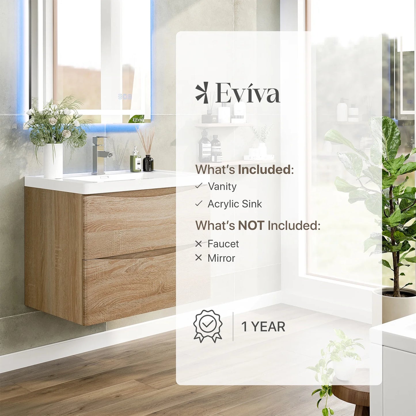 Eviva Smile 30" White Oak Wall Mount Modern Bathroom Vanity w/ White Integrated Top