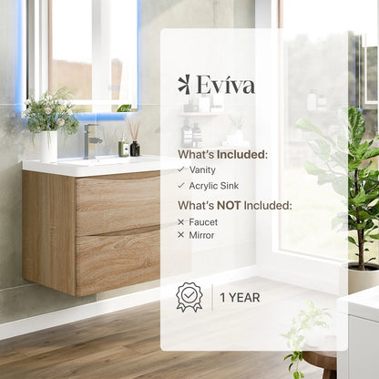Eviva Smile 30" White Oak Wall Mount Modern Bathroom Vanity w/ White Integrated Top