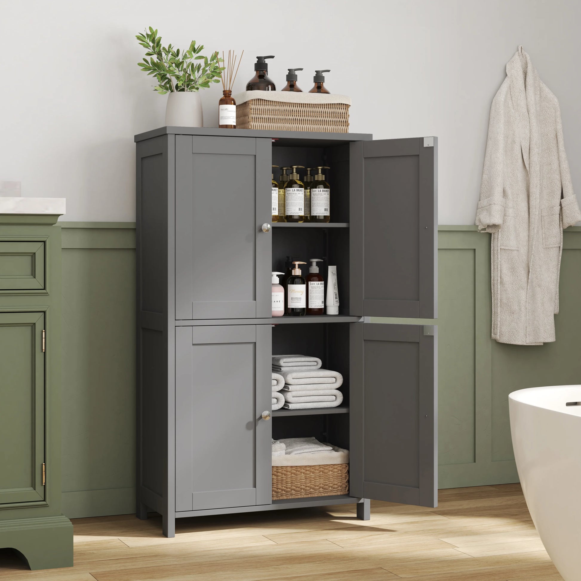 Bathroom Storage Floor Cabinet Organizer with Adjustable Shelf 4 Magnetic Doors 43" Wooden Pantry Cabinet Freestanding for Kitchen Living Room Small Spaces,Brown