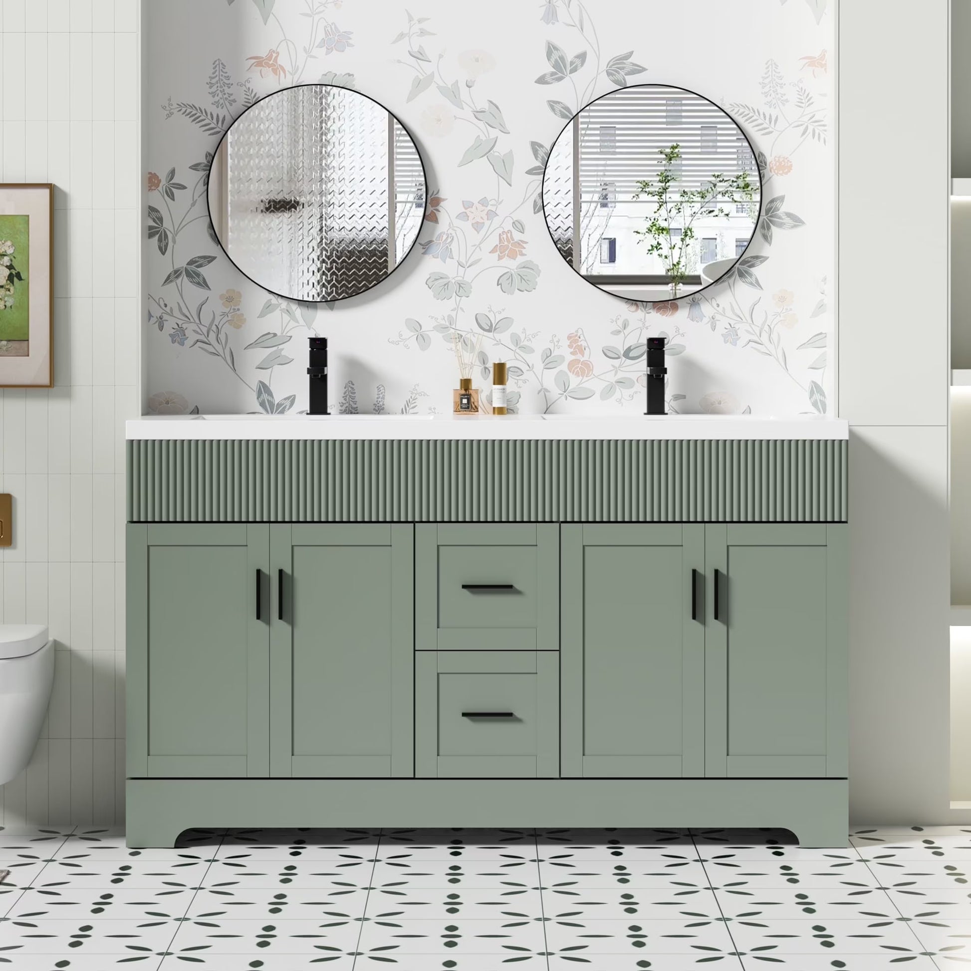 Eclife 60" Double Sink Bathroom Vanity with Resin Sink Top and Zinc Alloy Faucet
