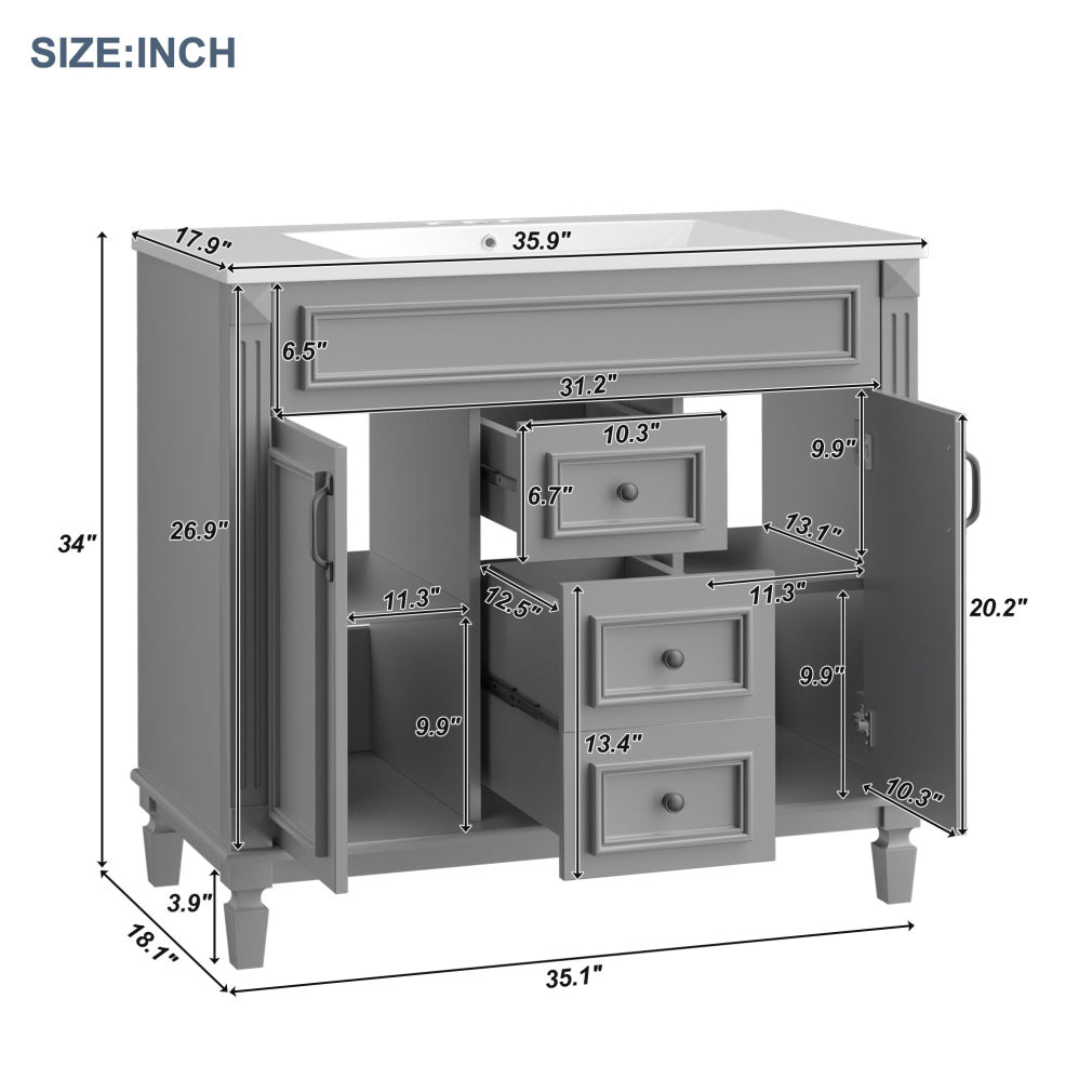 36'' Bathroom Vanity Set, Undermount Bathroom Cabinet and Mirror Cabinet, Ceramic Sink Top, Storage Cabinet with 2 Soft Closing Doors and 2 Drawers, Vanity Cabinet Set, Suit for 4'' Faucet, Gray