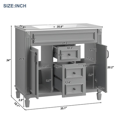 36'' Bathroom Vanity Set, Undermount Bathroom Cabinet and Mirror Cabinet, Ceramic Sink Top, Storage Cabinet with 2 Soft Closing Doors and 2 Drawers, Vanity Cabinet Set, Suit for 4'' Faucet, Gray
