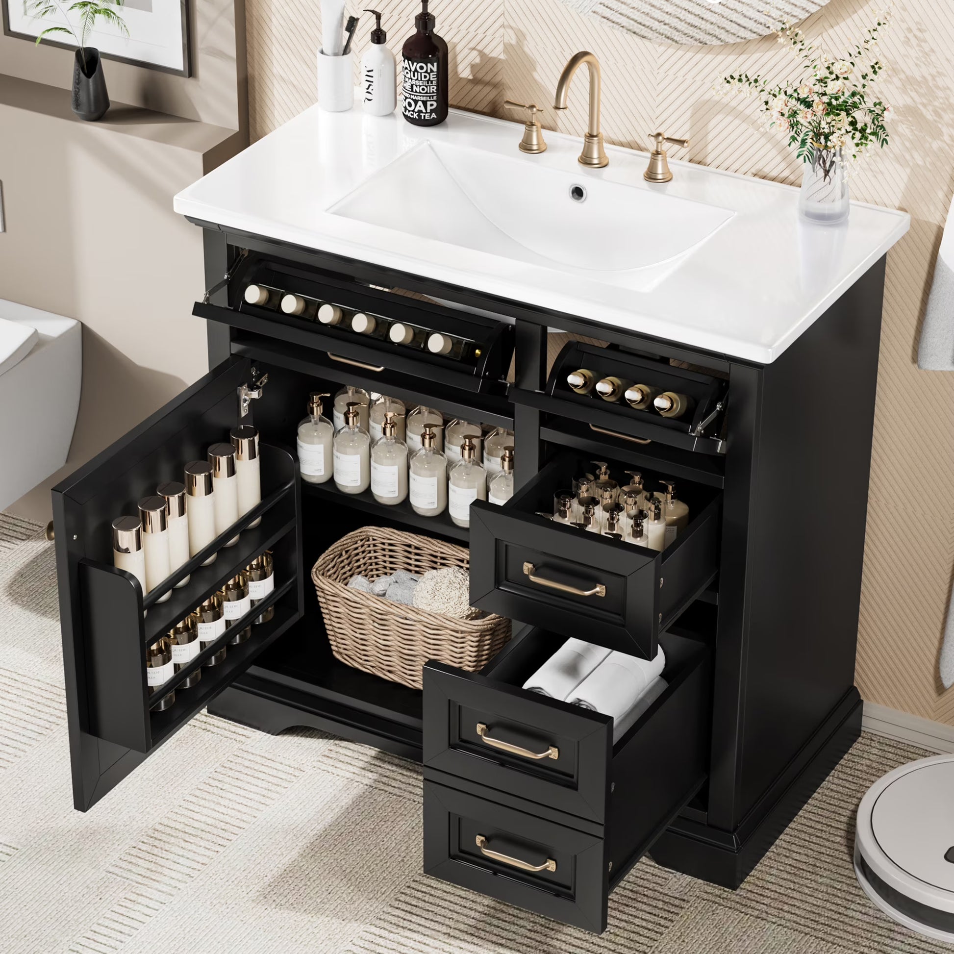 Christopher Knight Home 36" Bathroom Vanity with Sink, Tip-out Drawers, Soft-Close Doors, Grey