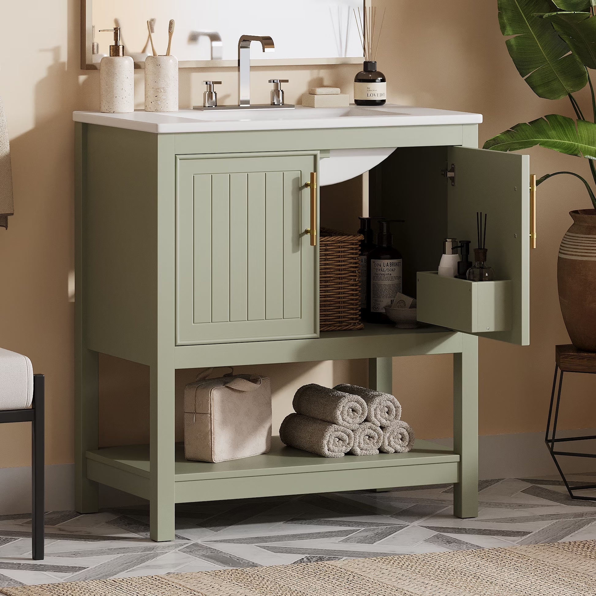 30-Inch White Bathroom Vanity with Ceramic Sink and Versatile Storage - Ideal for Small Bathrooms, White
