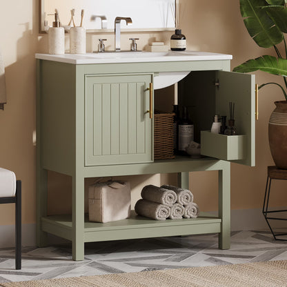 30-Inch White Bathroom Vanity with Ceramic Sink and Versatile Storage - Ideal for Small Bathrooms, White
