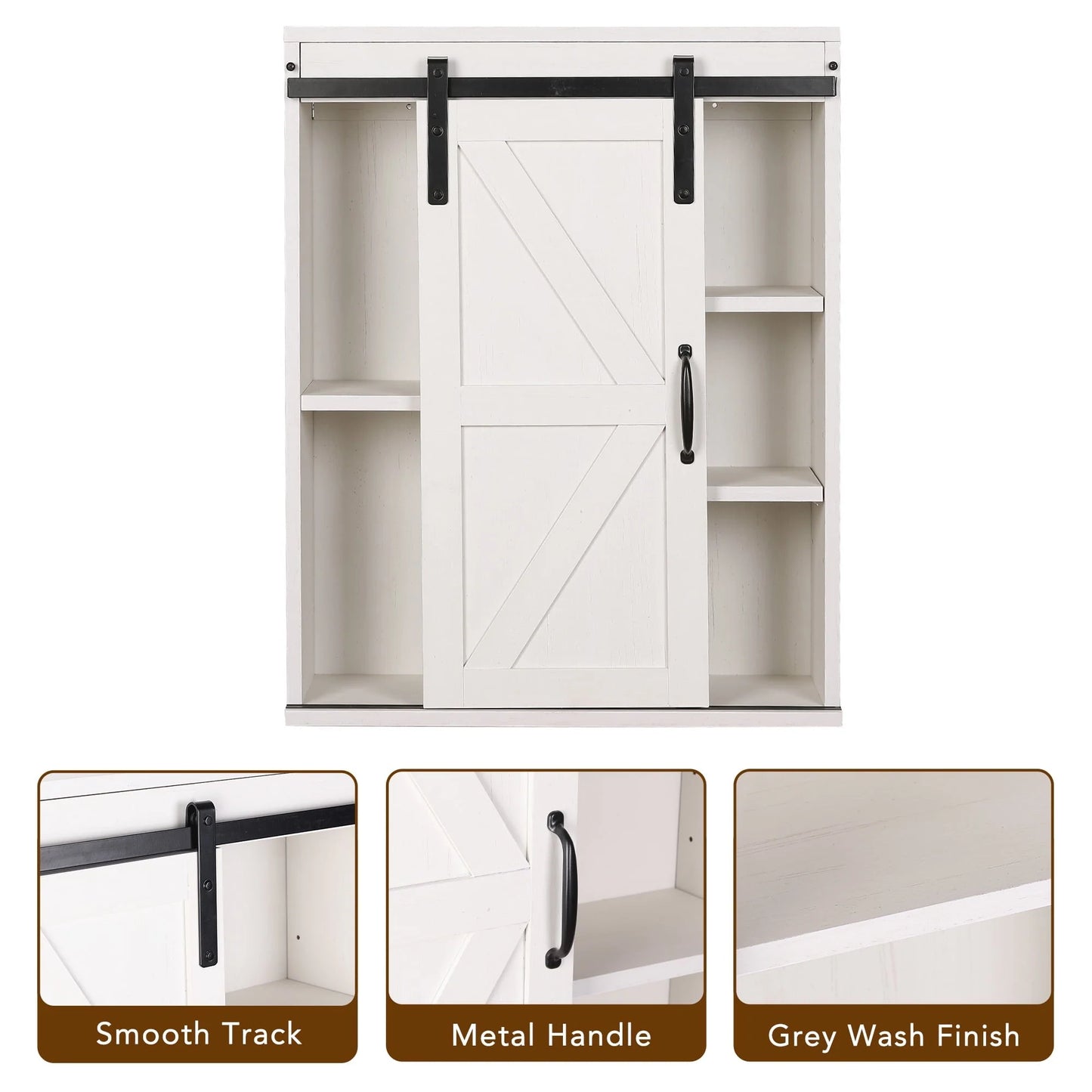 Rustown Farmhouse Wood Wall Storage Bathroom Cabinet with Sliding Barn Door, Rustic Medicine Cabinet with Adjustable Shelf, 3-Tier Vintage Cabinet for Kitchen, Bathroom, Living Room, Vintage White