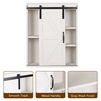 Rustown Farmhouse Wood Wall Storage Bathroom Cabinet with Sliding Barn Door, Rustic Medicine Cabinet with Adjustable Shelf, 3-Tier Vintage Cabinet for Kitchen, Bathroom, Living Room, Vintage White