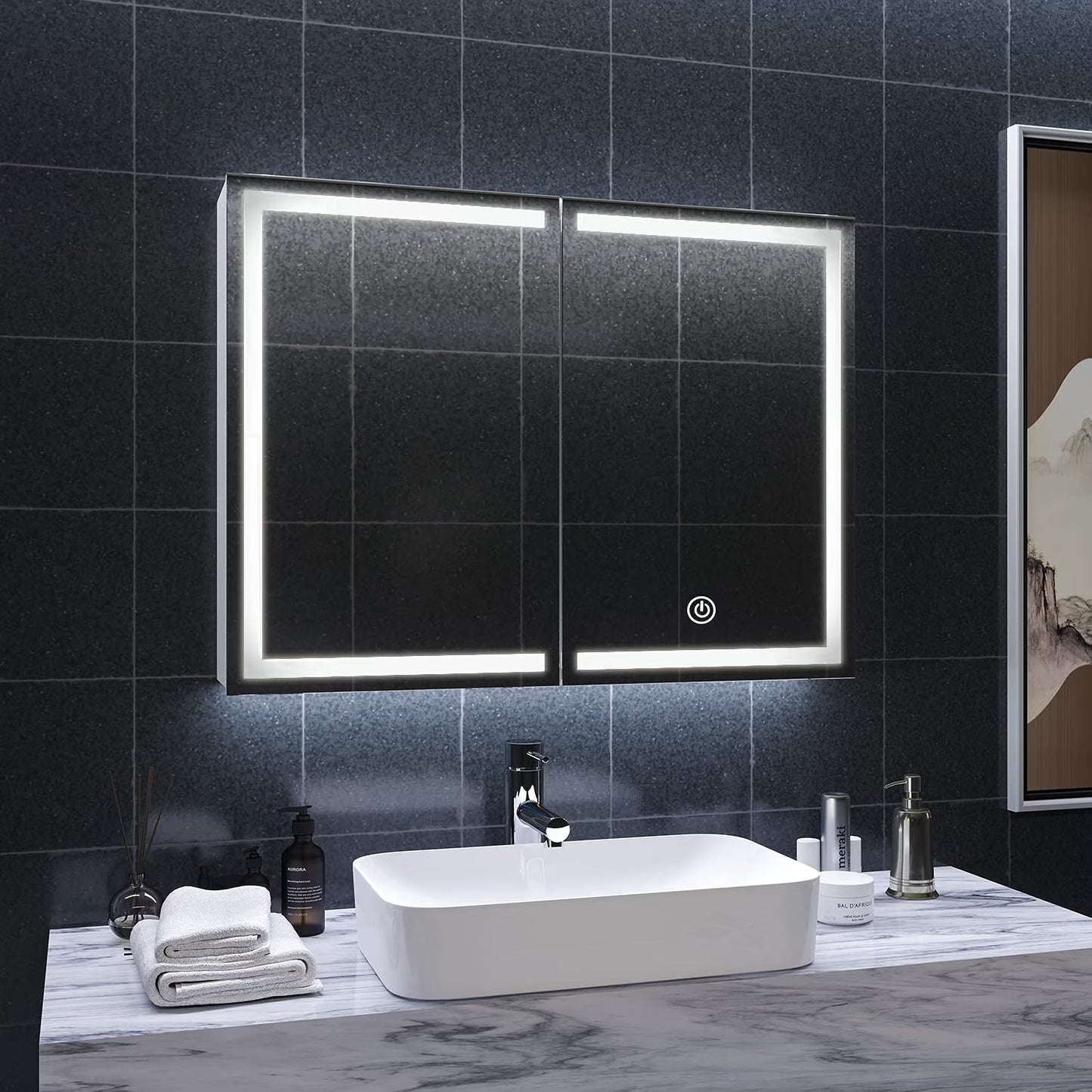 Lighted Medicine Cabinet with Mirror&LED Light for Bathroom,Wall Mounted Bathroom Mirror Cabinet with Storage and 2 Outlet and 3 Doors for Home, White, 39.4" x 23.6"