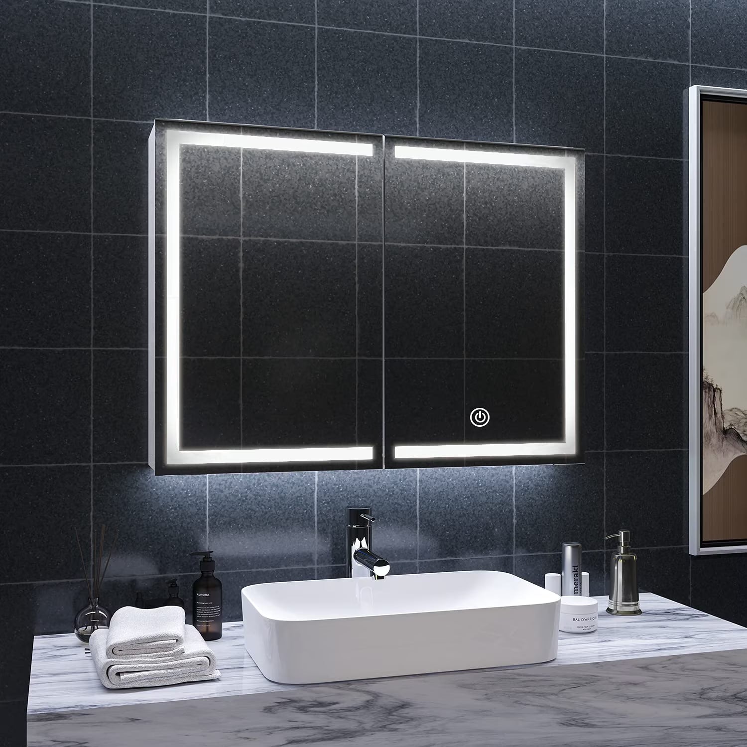 Lighted Medicine Cabinet with Mirror&LED Light for Bathroom,Wall Mounted Bathroom Mirror Cabinet with Storage and 2 Outlet and 3 Doors for Home, White, 39.4" x 23.6"