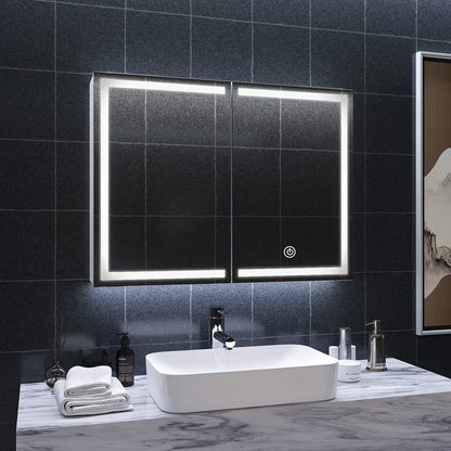 Lighted Medicine Cabinet with Mirror&LED Light for Bathroom,Wall Mounted Bathroom Mirror Cabinet with Storage and 2 Outlet and 3 Doors for Home, White, 39.4" x 23.6"
