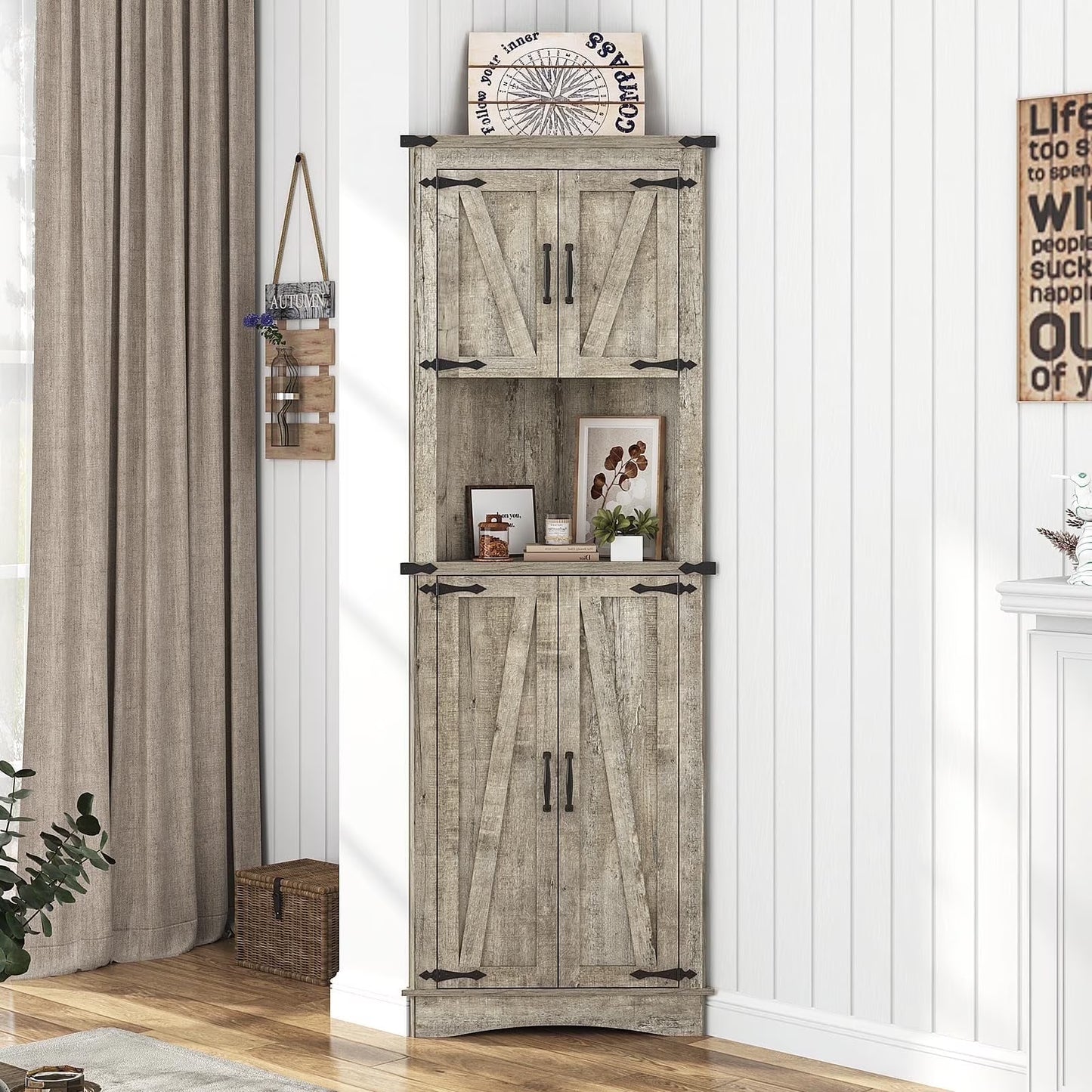 ChVans Farmhouse 68" Tall Corner Cabinet w/4 Barn Doors, 5 Tier Bookcase Storage Cabinet with Adjustable Shelves, Corner Storage Cabinet for Bathroom,Living Room,Kitchen, White-Brown