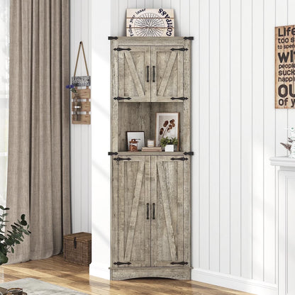 ChVans Farmhouse 68" Tall Corner Cabinet w/4 Barn Doors, 5 Tier Bookcase Storage Cabinet with Adjustable Shelves, Corner Storage Cabinet for Bathroom,Living Room,Kitchen, White-Brown