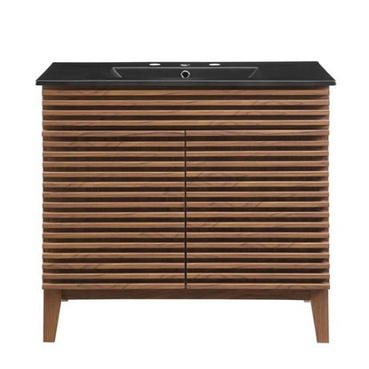 Pemberly Row Modern Wood/Ceramic Bathroom Vanity in Walnut/Black