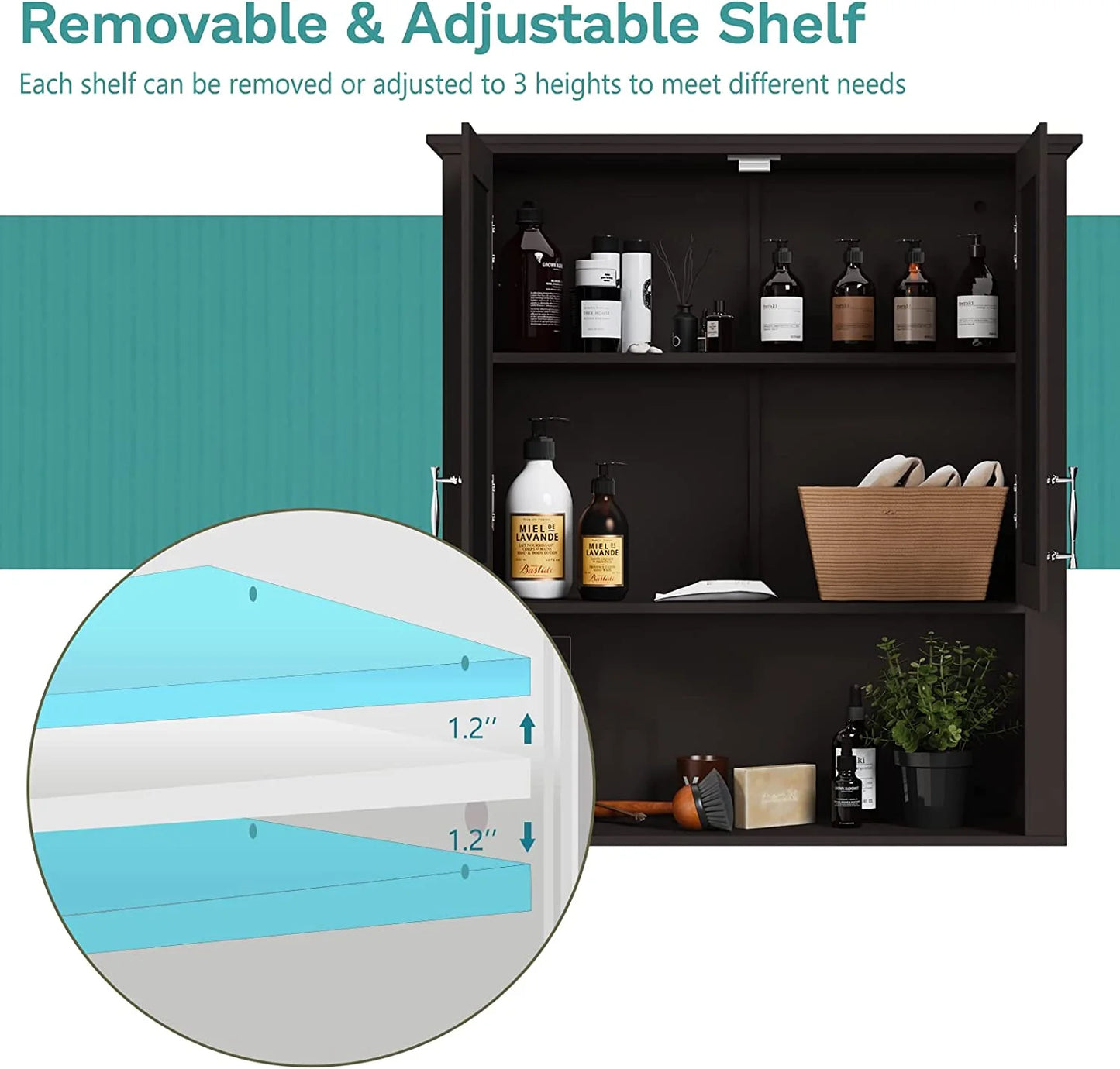 Bathroom Cabinet Wall Mounted with Double Doors, Wood Hanging Cabinet, Medicine Cabinet Storage Organizer with Height Adjustable Shelves Over The Toilet, Coffee