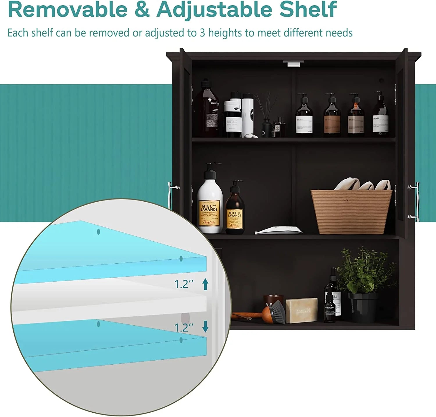 Bathroom Cabinet Wall Mounted with Double Doors, Wood Hanging Cabinet, Medicine Cabinet Storage Organizer with Height Adjustable Shelves Over The Toilet, Coffee