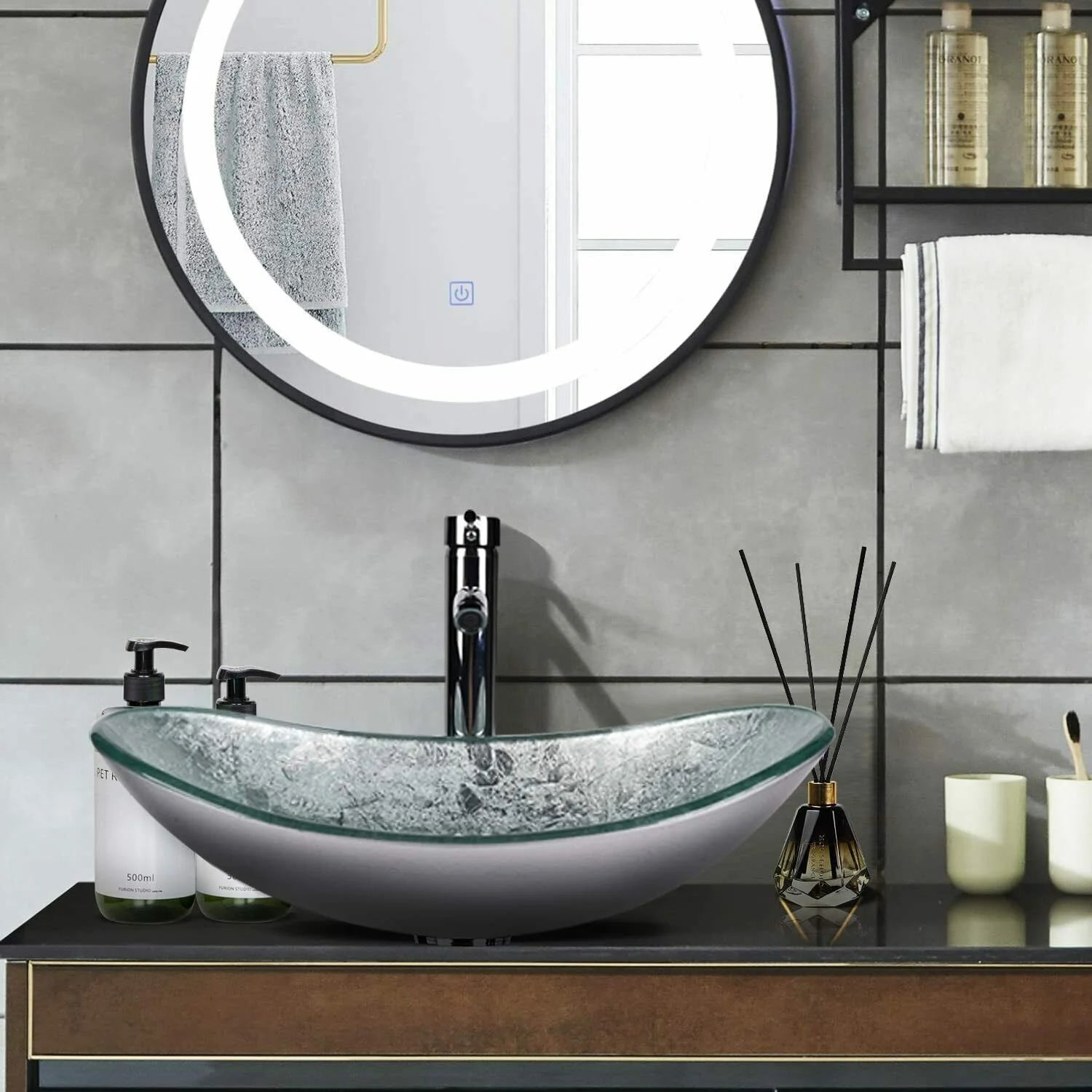 ELECWISH Bathroom Sink and Faucet Combo Artistic Tempered Glass Vessel Sink Basin Washing Bowl Set, Cabinet Countertop Sink with Chorme Faucet Pop-up Drain (Oval Silver)