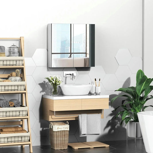 Barara King Bathroom Mirrored Cabinet, 24"x22" Steel Frame Medicine Cabinet, Wall-Mounted Storage Organizer with Double Doors, White